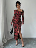 New Women's Round Neck Long Sleeve Sexy Leopard Print High Waist Hottie Dress