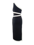 One-shoulder colorblock maxi dress with waist bandage dress for party banquet