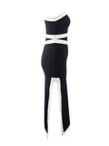 One-shoulder colorblock maxi dress with waist bandage dress for party banquet