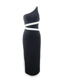 One-shoulder colorblock maxi dress with waist bandage dress for party banquet
