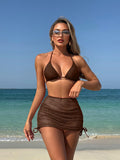 Sexy backless solid color bikini three piece set