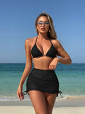 Sexy backless solid color bikini three piece set