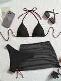 Sexy backless solid color bikini three piece set