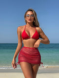 Sexy backless solid color bikini three piece set