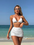 Sexy backless solid color bikini three piece set